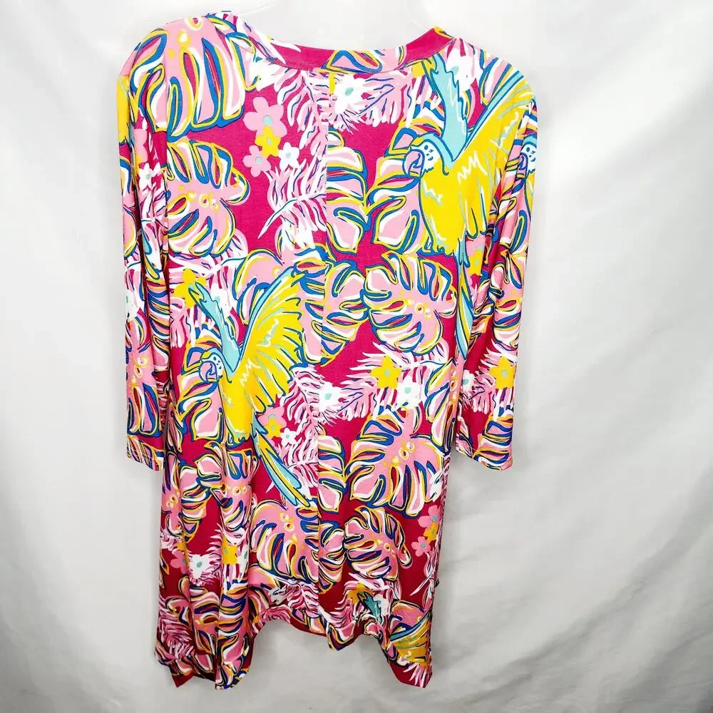 Women's Medium Pink Tropical Print Tunic Top 3/4 Sleeve Resort Wear Bold Print - Picture 2 of 13